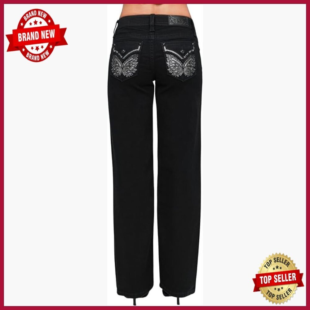 Mid-Rise Slim Wide Leg Jeans with Embellished Butterfly Wings Pockets